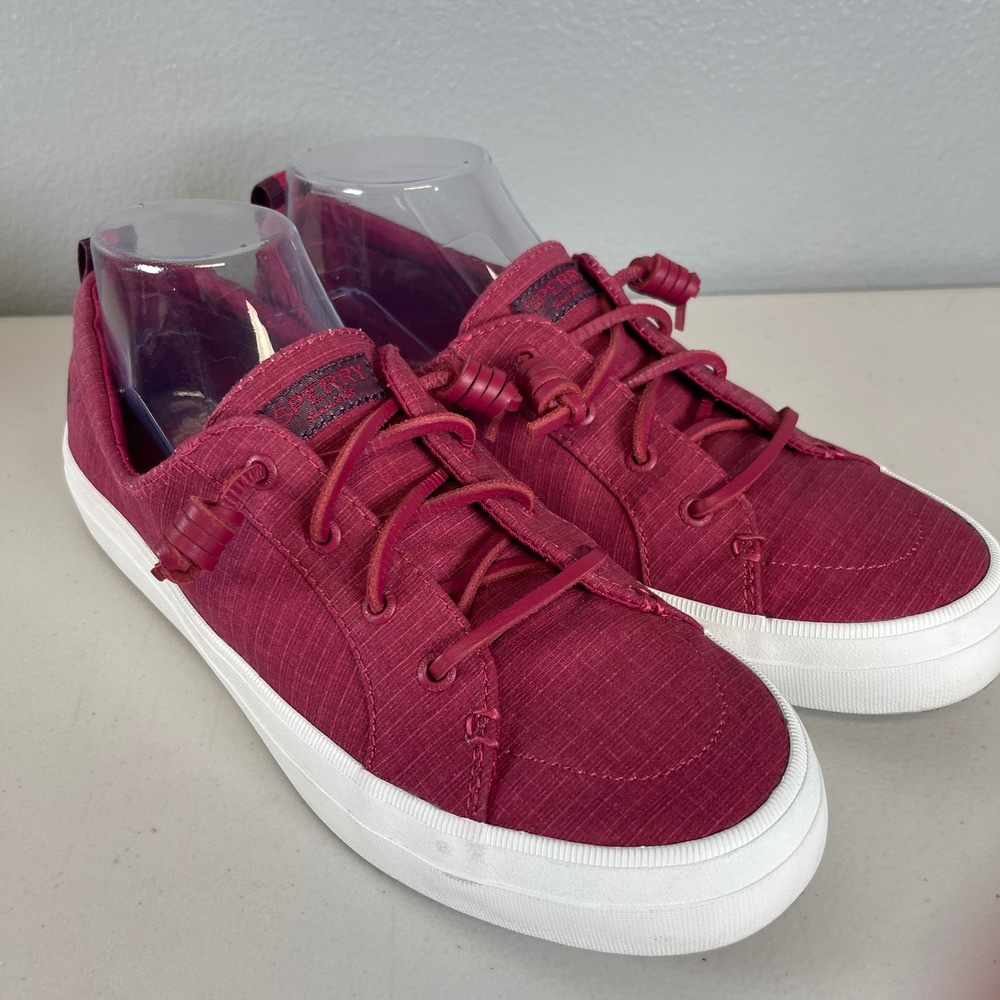 Sperry Crest Vibe Women's 9.5 Burgundy Wine Linen Slip On Sneakers STS86912